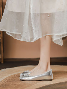 Spring Summer 2025 Flat Ballet Shoes Fairy Style Butterfly Knot Grandmother Shoes Square Head Color Block Fashionable Flats