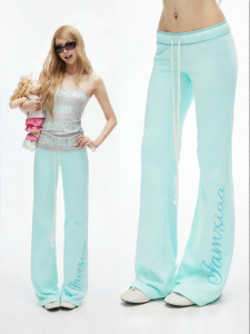 iamxiaa | Quần jogger cotton màu xanh lá mạ mát lạnh eo thấp dây rút in hoa văn gai ôm dáng xòe nhẹ