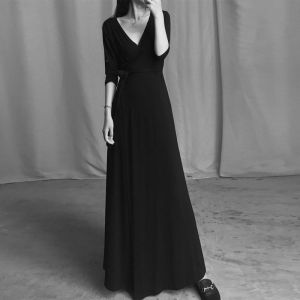V Neck Mop Maxi Dress Womens Ankle-Length Modal Black Dress One-Piece Slim Dress Wrap Skirt Cardigan