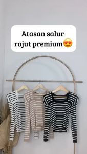 AJWShop [XW] Atasan Rajut Lengan Panjang Wanita Premium Import Salur Garis Garis | Baju Rajut Wanita Lengan Panjang Import Korean Style Square Neck Kerah U | Kaos Rajut Wanita Lengan Panjang Premium Import | Baju Import Wanita Bangkok