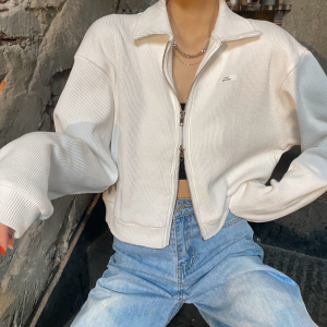 Korean Vintage Jacket for Women V Neck Lightweight Waffle Knit Jacket with Zipper