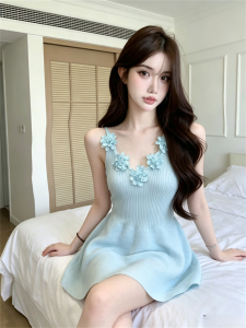 GUZILIAN | French 3D Flower Knitted Slimming Waist A-Line Straps Dress