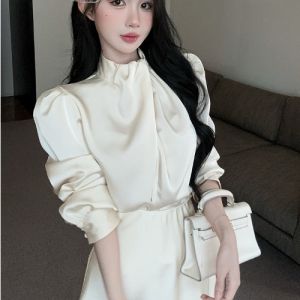 GUZILIAN | Elegant Dandy Style Satin Long Sleeve Shirt and Fitted Skirt Set