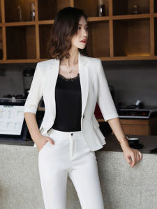 Slim Fit Short Sleeve Womens Blazer Fashionable Thin Style Five Button Closure Pure Color Versatile Polyester Fabric Jacket