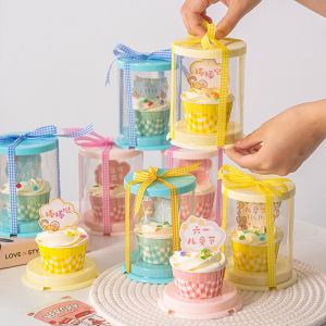 Transparent Paper Cup Cake Packaging Box 2-Inch round Childrens Day Gift Dessert Packing Box with Ribbon for Baking Supplies