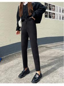 Black Woolen Womens Straight Leg Pants Autumn Winter High Waist Harlan Style Casual Trousers Nine Points Long Pants