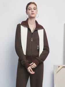 HR | Double-Sided Wear High Collar Jacket Women Casual Short Top Color Block Commute Style Polyester Viscose Rayon Wool Silk