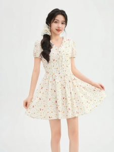 SANFU | Summer New Style Bow V-Neck Puff Sleeve Waist-Tying Short Dress