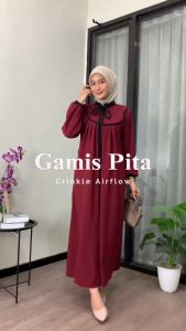 Dress Gamis Midi Pita Crinkle Airflow Premium Wanita Muslim Remaja Dewasa Simple Elegan Terbaru 2025