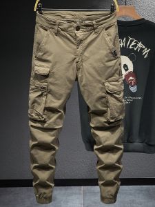 American Style Cotton Work Trousers for Men Outdoor Casual Pants with Multiple Pockets Zipper Cuffed Loose Fit Khaki Color