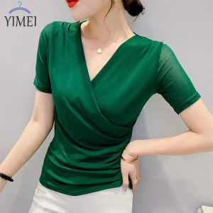 เสื้อยืดผู้หญิงสไตล์ YIMEI กวางโจวสวยใหม่ เสื้อยืดเข้ารูปพอดีตา ข่ายแขนสั้น คอวีแฟชั่น 2023