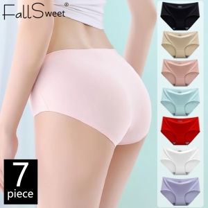 FallSweet 7PCS Seamless Ice Silk Panties for Women Plus Size Mid-Waist Briefs Soft Comfortable Breathable Underwear Lingerie