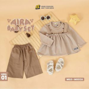 Setelan Anak Perempuan Aira Baby Set Hoofla Kids Usia 1-5 Tahun: Atasan dan Celana Panjang dengan Aksesori Topi dan Hijab.