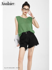 กางเกงขาสั้นผ้ายีนส์เอวสูงทรงเอสีดำ กางเกงขาสั้นทรงเอขากว้างสำหรับผู้หญิง ฤดูร้อน 2025 กางเกงขาสั้นทรงเข้ารูป ซิป ทรงเข้ารูป