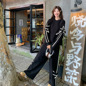 Black Bow Tie Casual Sportswear Set for Women Autumn New Style College Style Youthful Wide Leg Pants Sweatshirt Two Piece Set