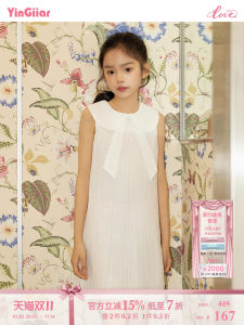 Yingiiar Girls Dress with Bowtie Vest Summer Casual Soft Fabric French Style Mid-length Skirt for Ages 2-16 White Color