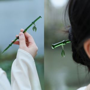 1/2Pcs Chinese Style Green Resin Bamboo Leaf Pendant Charm Hair Stick Women Girls Vintage Chopstick Hairpin Hair Accessories