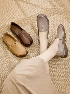 SHIPAILUO | Comfortable Soft Bottom Flat Shoes For Women Spring Style Casual Round Toe Rubber Outsole Leather Upper Mid-aged Women Footwear