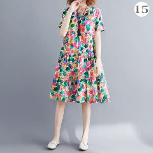 Cotton Linen Floral Short Sleeve Loose Plus Size Slimming Dress