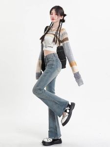 เอวสูง Micro-Flared กางเกงยีนส์ผู้หญิงผ้าฝ้ายน้ําหนักเบา DENIM พร้อมซิป Anti-Wrinkle ยืดกางเกงขายาวสําหรับฤดูร้อน