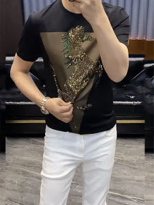 European Station Summer Mercerized Cotton round Neck Rhinestone Gold Shirt Horse Short Sleeve Fashion Trendy Silm T-shirt Stretch Half Sleeve Mens T