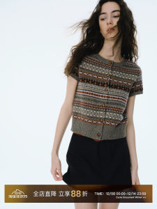 Retro Pure Wool Fair Isle Knit Short Sleeve Cardigan Sweater Women Layering Top round Neck Single Button Regular Fit Summer