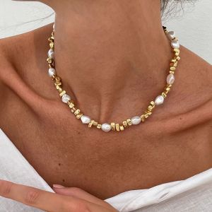 KunJoe Elegant Imitation Pearl Choker Necklace Women Retro Gold Color Acrylic Beaded Clavicle Chain Party Jewelry on the Neck、