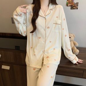 Womens Pajamas Set Bow Print Sleepwear Button Down Tops Long Pajama 2 Piece Suit Pyjama Femme Nightwear Loungewear for Winter