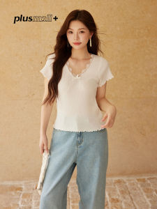 plusmall | Slimming Lace Insert Knit T-Shirt