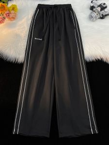 American Retro Mens Loose Fit Summer Casual Pants Drapey Stripe Wide Leg Trousers Versatile Youthful Popular Straight Leg