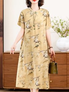 New Chinese Style National Trend Improved Cheongsam Dress Summer Cotton Silk Womens Mid-aged And Elderly High-mannered Gown