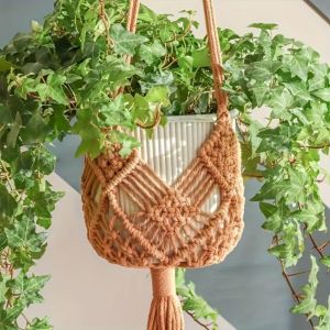 Boho Plant Hanger Cotton Rope Woven with Net Pouch Hanging Basket Macrame Flower Pot for Indoor Outdoor Hanging Succulents