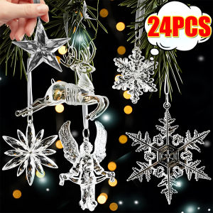 24/2PCS Acrylic Crystal Clear Snowflake Christmas Tree Pendants Decorations Xmas Tree Hanging Ornaments Transparent Icicle  for Holiday New Year Party Home Decor