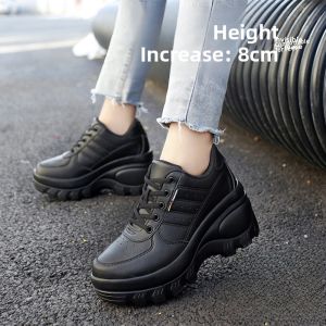 Waterproof Leather Sport Shoes Womens 8cm Heightening Work Shoes Early Autumn Large Size Thick Bottom Ladies Black Work Shoes