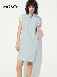 MO&Co. | Vintage Washed Denim Cheongsam Dress with Turn-up Sleeves