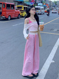 High Waist Loose Casual Pink Plaid Wide Leg Pants Womens Summer New Style Versatile Slimming Straight Cut Trousers