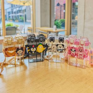 clu Cartoon Split Compartment Water Bottle Dual Drinking Lids Portable Strap Straw Cup Leakproof ulc