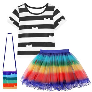 Childrens Clothing Girls Gabby Doll House Black White Stripe T-shirt Rainbow Skirt Set Gabby Cats Birthday Party Clothing Set