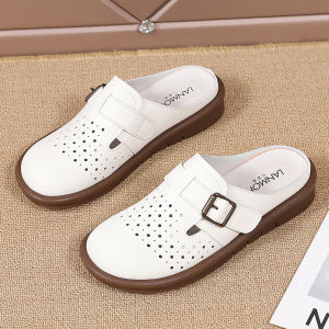 Womens Summer Outdoor Slip-On Soft Bottom Leather Sandals Comfortable Flat Heel Versatile Slippers Casual Rubber Sole
