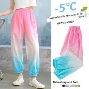 Girls Summer Thin Mosquito-Resistant Ice Silk Casual Sports Pants Quick Dry Elastic Waist Long Pants for Children And Teens