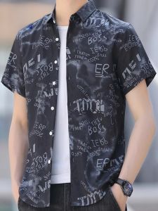 ROMON | Lormen Mens Ice Silk Short Sleeve Shirt Casual Summer Thin Slim Printed Half Sleeve Polyester Fiber Fashionable City Style