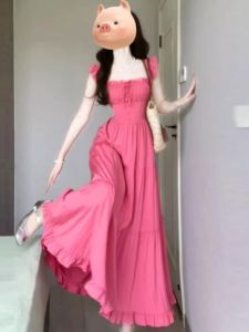 CHANGTONG | Elegant French Style Unique Pink Dress Fairy Summer Beach Vacation Long Skirt Simple Pure Color Belt Design Spring Autumn Wear