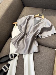 Gray Satin Suit Jacket Womens Loose Short Sleeve Summer New Design Sensation Commute Professional Outerwear Fashion Style