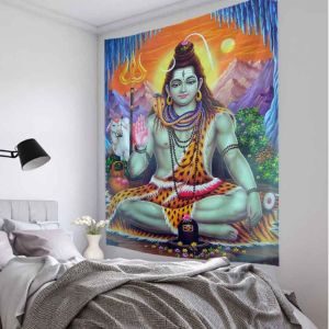 VIKAMA Indian Radha Goddess Wall Tapestry Green Pink Sari Flute Peacock Forest Hindu Religious Spiritual Devotional Art Decor
