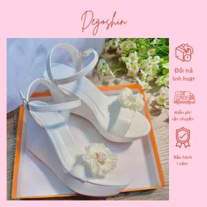 Giày cưới đế xuồng 10cm đính hoa trắng kem phối châu Degoshin