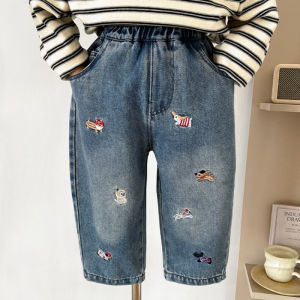 Sonkpuel | Spring Autumn New Korean Style Kids Jeans Cute Puppy Embroidery Casual Long Pants for Boys Versatile Fashion Trousers