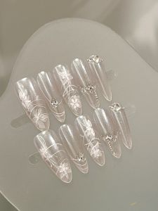 Ice Transparent Pink Long Fake Nails Nail Art Stickers Wearable Chain Rhinestone Decorated Flowers Fresh Style Nail Tips