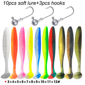 10Pcs Soft Lure 3Pcs Jig Head Hooks Combo 6/7/9/12cm Silicone Worm Bait Multi Weight Lead Hooks For Bass Saltwater Fishing