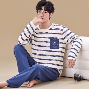 Mens Pure Cotton Long Sleeve Sleepwear Set Spring Autumn Casual Home Wear Comfortable Breathable Youthful Print Design