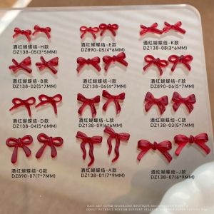 Sweet Wine Red Bow Nail Art Accessory Christmas Red Resin Nail Charms Mix Shape Mini Bow Ribbon Winter Nail 3D Decorations Parts